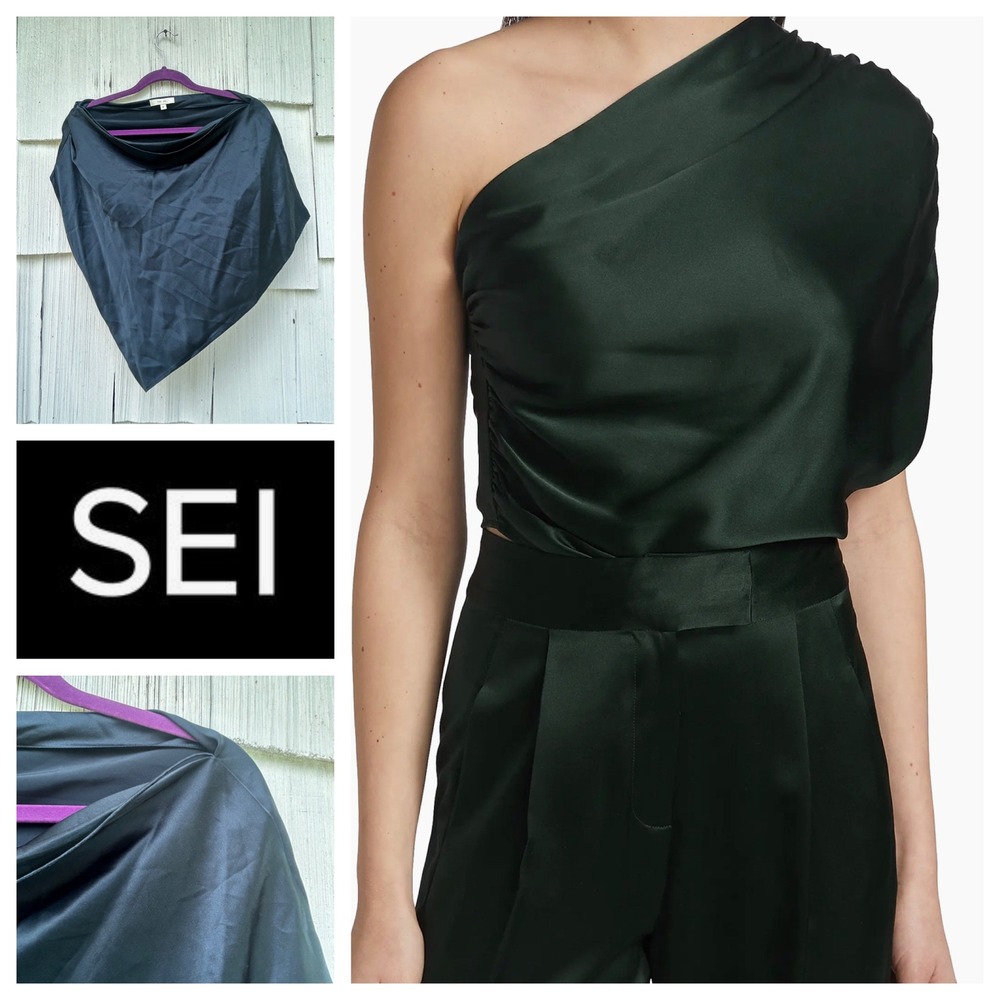 THE‎ SEI Navy Blue 100% Silk One Shoulder Asymmetric Draped Top Size 8